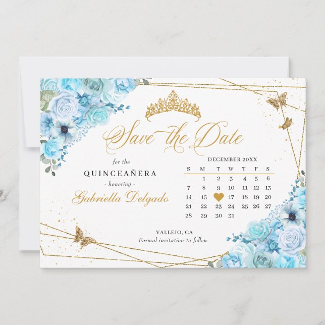 Invitation Sky Blue & Gold Quinceañera Enregistrer La Date (Devant)
