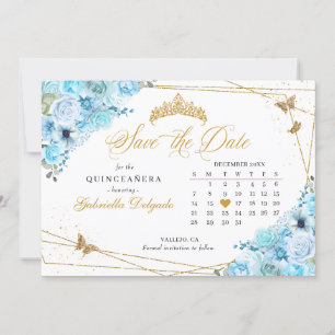 Invitation Sky Blue & Gold Quinceañera Enregistrer La Date