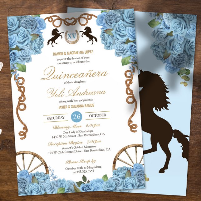 Invitation Sky Blue Rose Western Ranch Thème Quinceañera (Créateur téléchargé)