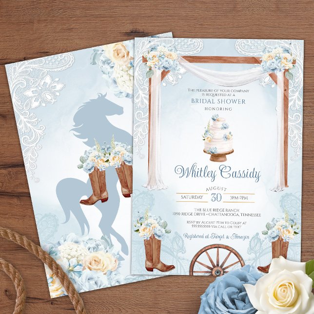 Invitation Sky Blue Rustic Country Western Fête des mariées (Créateur téléchargé)