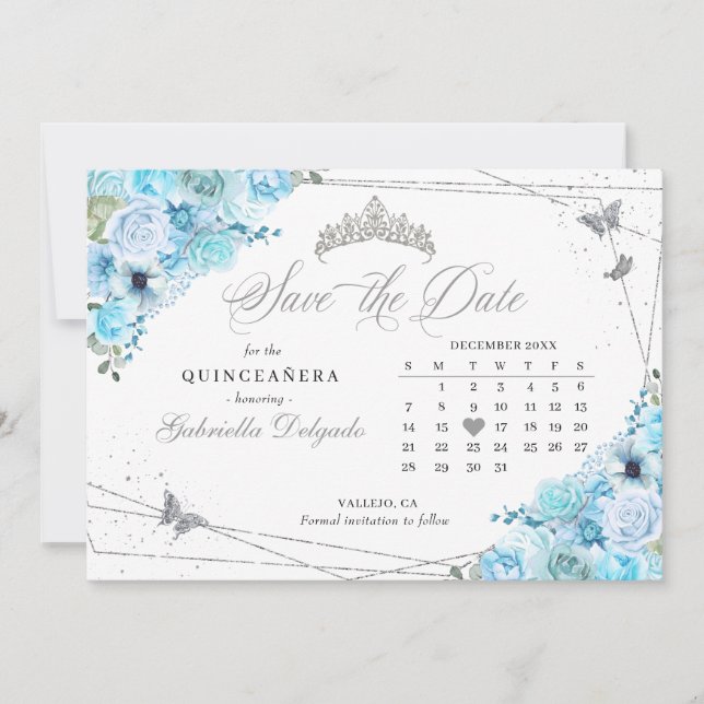 Invitation Sky Blue & Silver Quinceañera Enregistrer La Date (Devant)