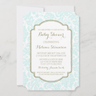 Invitation Sky Blue Tan Damask Douche pour bébés personnalisé