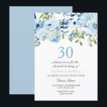 Invitation Sky Blue Watercolor Flowers 30e fête d'anniversair<br><div class="desc">Sky Blue Watercolor Flowers 30th Birthday Party Invitation Voir la collection correspondante dans Niche and Nest Store</div>