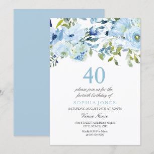 Invitation Sky Blue Watercolor Flowers 40e fête d'anniversair