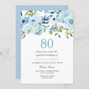 Invitation Sky Blue Watercolor Flowers 80e fête d'anniversair