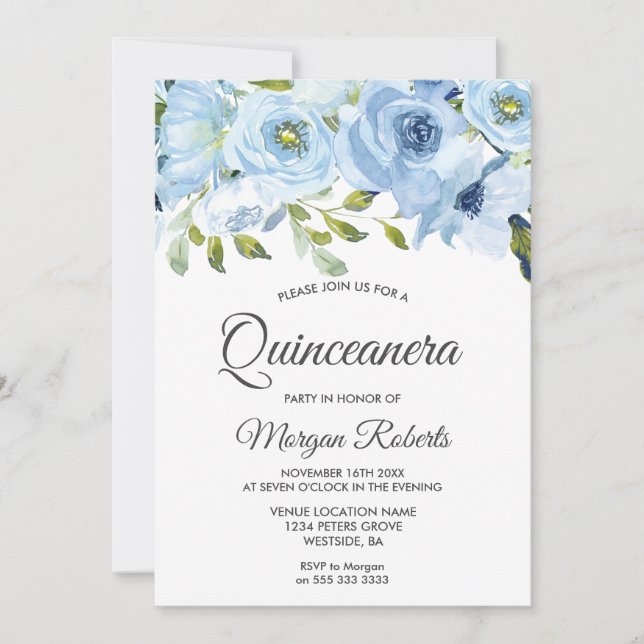 Invitation Sky Blue Watercolor Flowers Moderne Quinceanera (Devant)