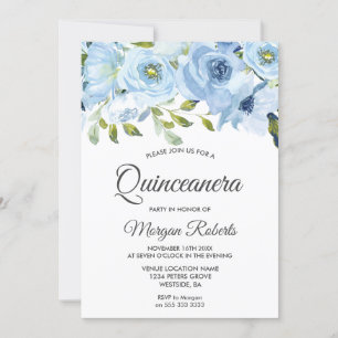 Invitation Sky Blue Watercolor Flowers Moderne Quinceanera