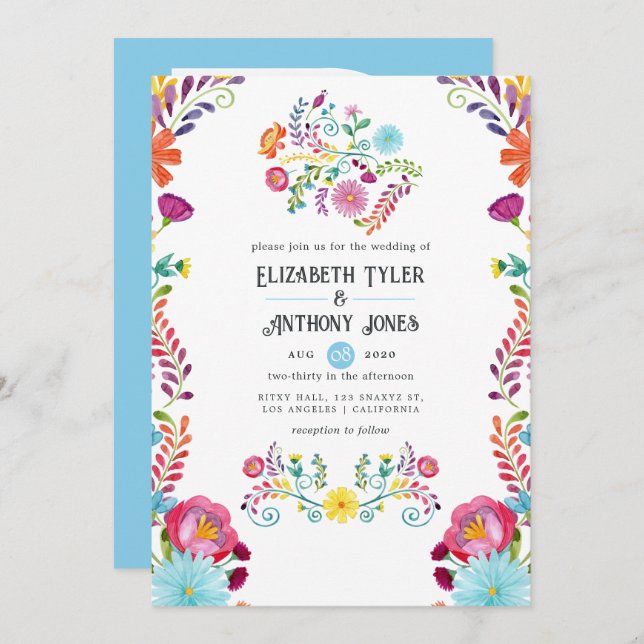 Invitation Sky Blue & White Floral Mexican Fiesta Wedding (Devant / Derrière)