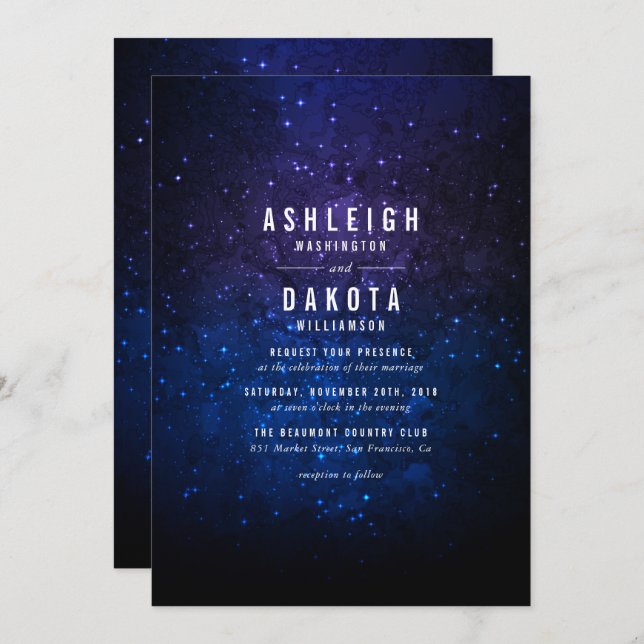 Invitation Sky et étoiles brillantes de minuit| Mariage Galax (Devant / Derrière)