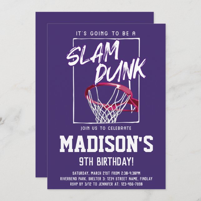 Invitation Slam Dunk Basketball violet fête d'anniversaire n' (Devant / Derrière)