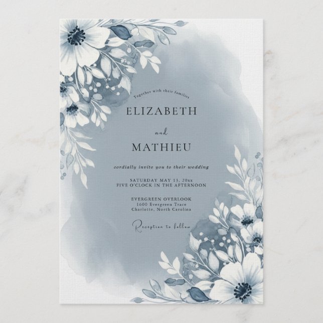 Invitation Slate Blue Abstract Floral Wedding (Devant)
