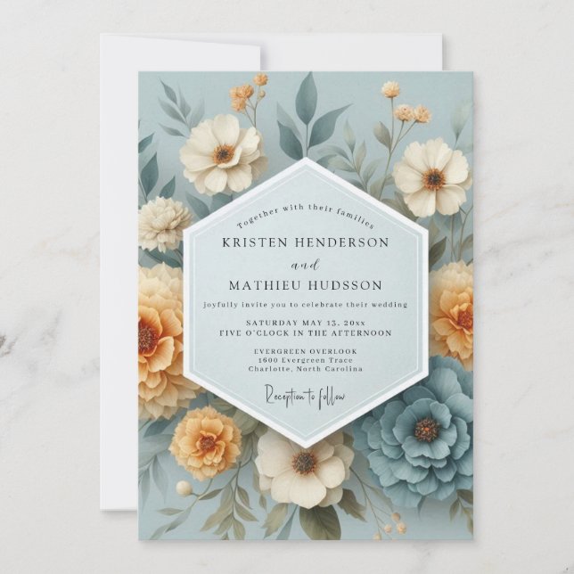 Invitation Slate Blue Amber Bloom Wedding (Devant)
