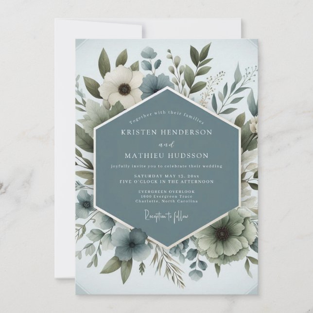 Invitation Slate Blue Aqueous Bloom Wedding (Devant)