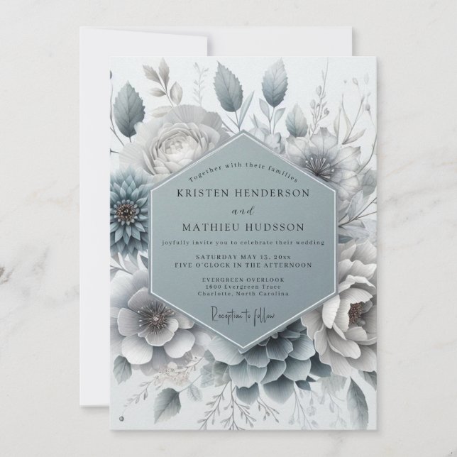 Invitation Slate Blue Aura Floral Wedding (Devant)