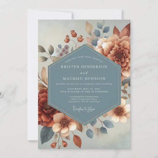 Invitation Slate Blue Autumnal Bloom Wedding (Devant)