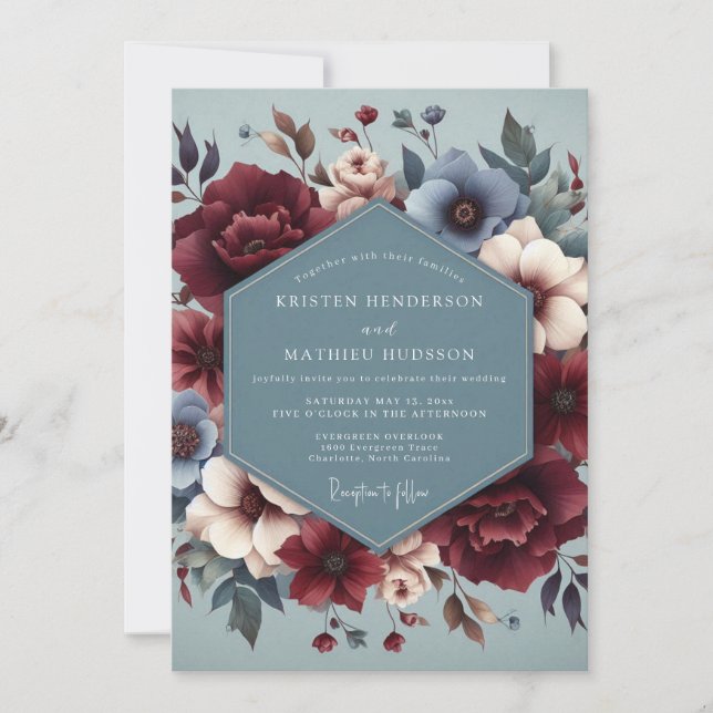 Invitation Slate Blue Burgundy Bloom Wedding (Devant)