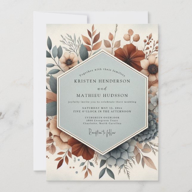 Invitation Slate Blue Burnt Orange Floral Wedding (Devant)
