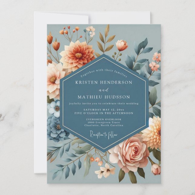 Invitation Slate Blue Coral Bloom Wedding (Devant)
