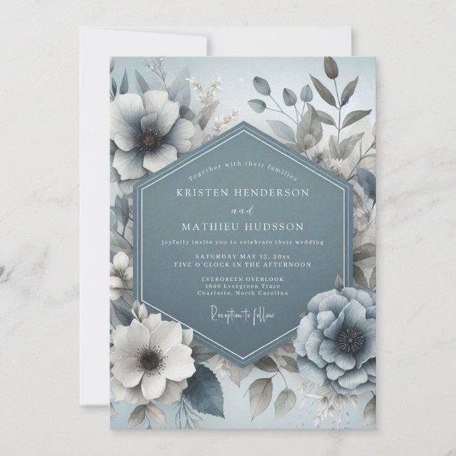 Invitation Slate Blue Dreamy Floral Wedding (Devant)
