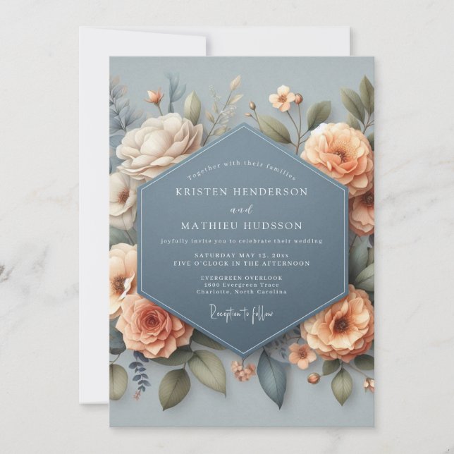 Invitation Slate Blue Elegant Bloom Wedding (Devant)