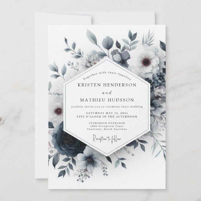 Invitation Slate Blue Ethereal Bloom Wedding (Devant)