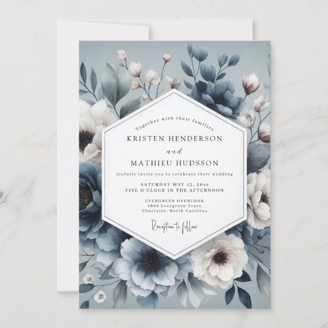 Invitation Slate Blue Ethereal Bloom Wedding (Devant)