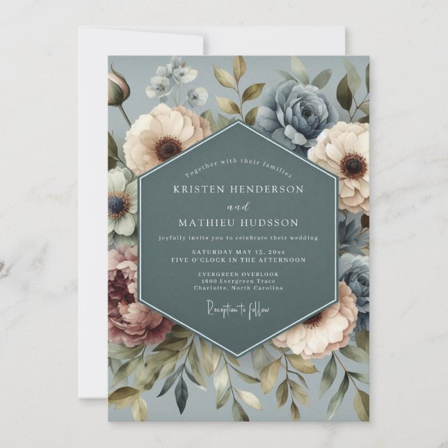 Invitation Slate Blue Faded Posy Wedding (Devant)