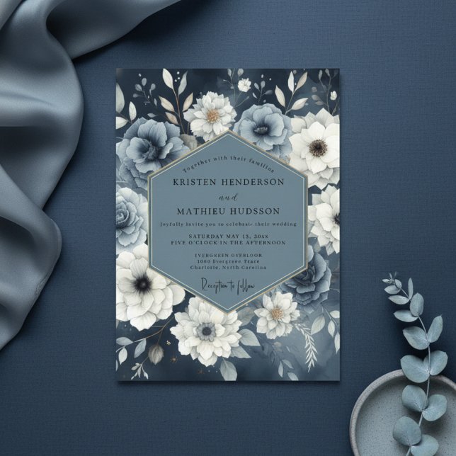 Invitation Slate Blue Floral Moody Wedding (Créateur téléchargé)