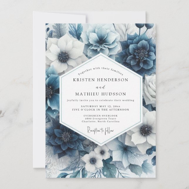 Invitation Slate Blue Floral Radiance Wedding (Devant)