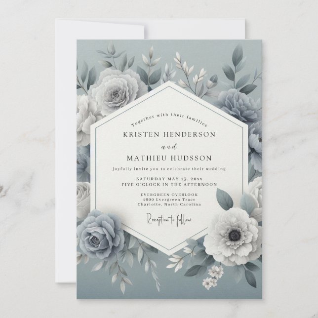 Invitation Slate Blue Floral Romantic Wedding (Devant)