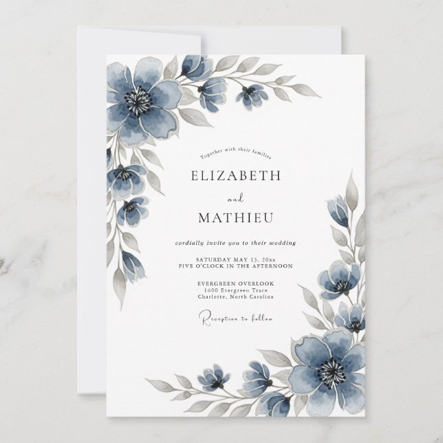 Invitation Slate Blue Floral Romantic Wedding (Devant)