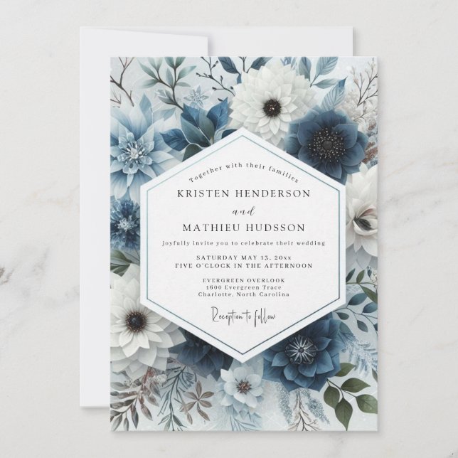Invitation Slate Blue Frosted Flora Wedding (Devant)