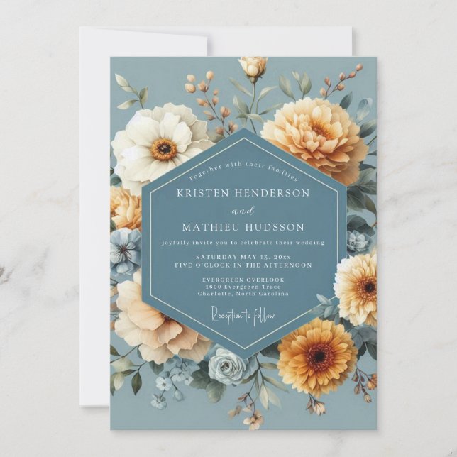 Invitation Slate Blue Golden Bloom Wedding (Devant)
