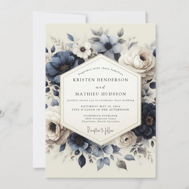 Invitation Slate Blue Heirloom Flora Wedding (Devant)