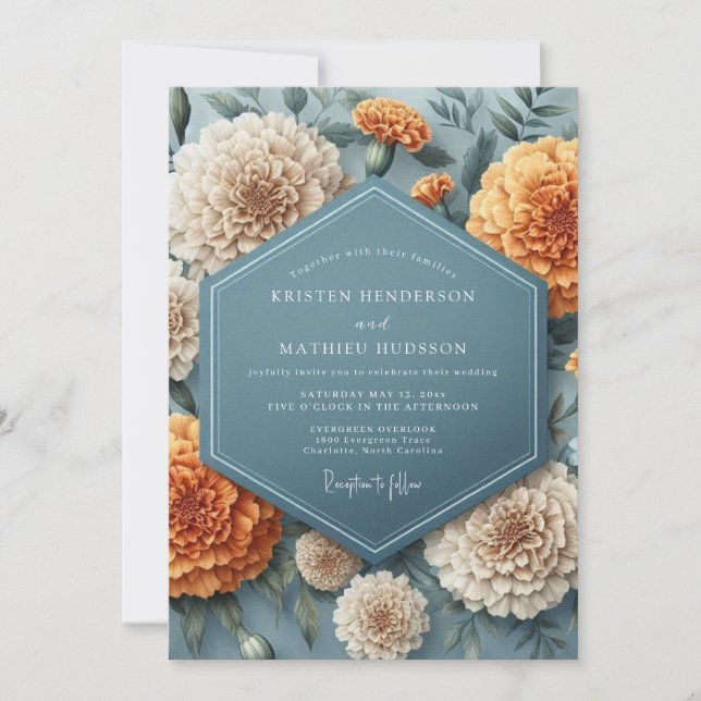 Invitation Slate Blue Marigold Bloom Wedding (Devant)