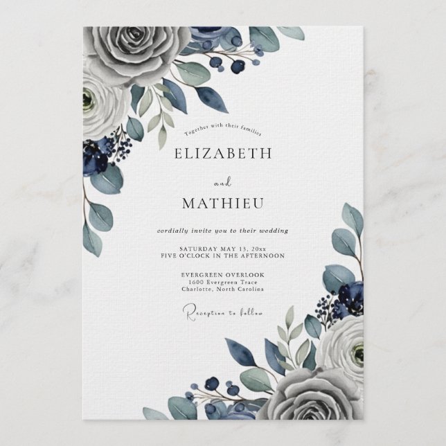 Invitation Slate Blue Moody Floral Wedding (Devant)