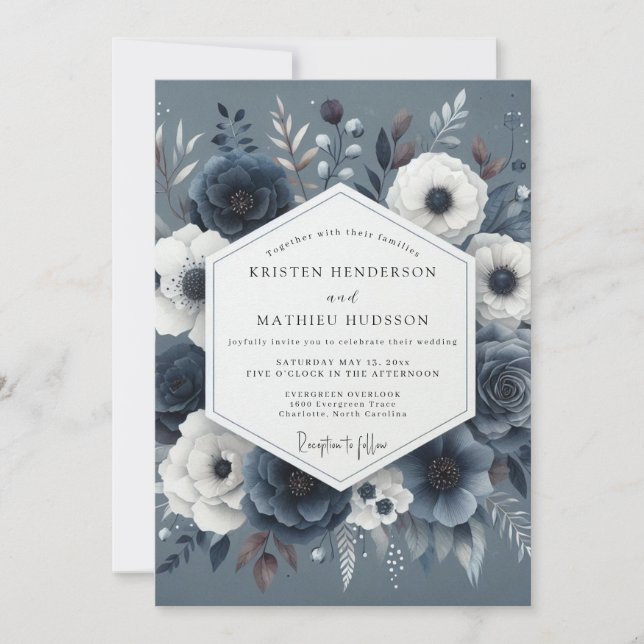 Invitation Slate Blue Nocturnal Bloom Wedding (Devant)