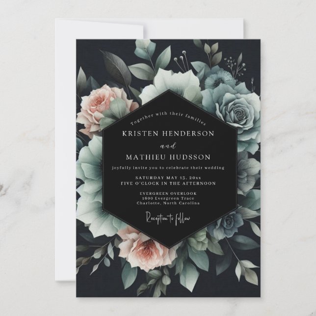 Invitation Slate Blue Noir Bloom Wedding (Devant)