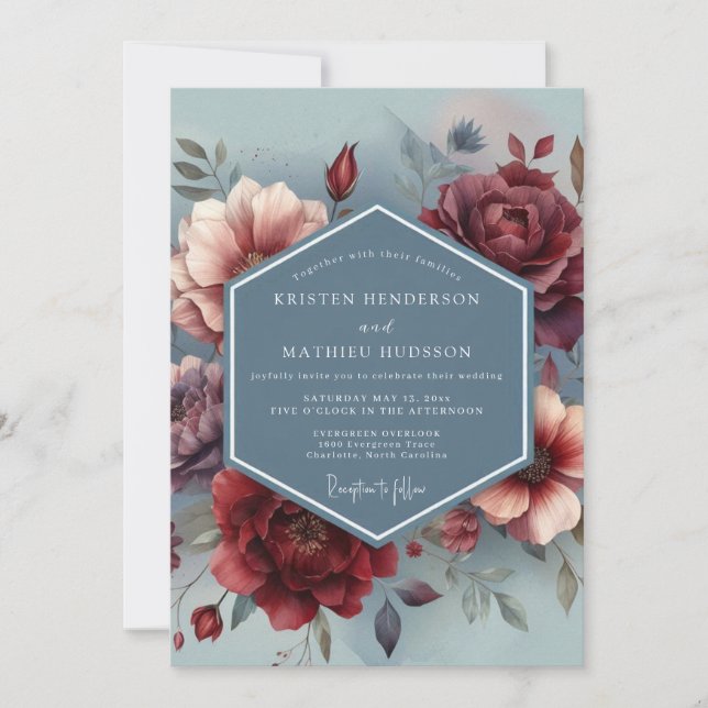 Invitation Slate Blue Painterly Bloom Wedding (Devant)