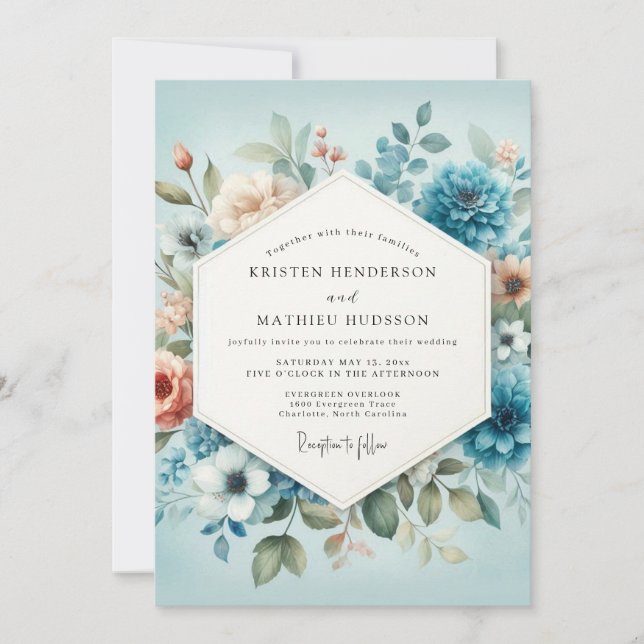 Invitation Slate Blue Peach Aquarelle Wedding (Devant)
