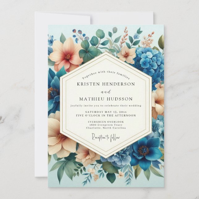 Invitation Slate Blue Peach Artful Bloom Wedding (Devant)