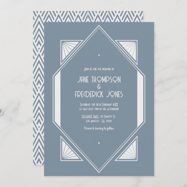 Invitation Slate Blue & Pearl White Art Deco Wedding Photo (Devant / Derrière)
