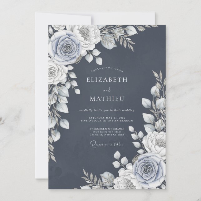 Invitation Slate Blue Rose Romance Wedding (Devant)