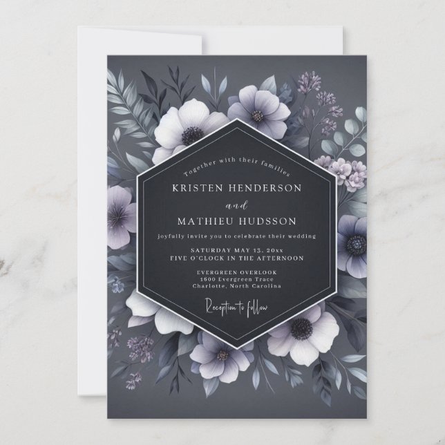 Invitation Slate Blue Shadowy Flora Wedding (Devant)