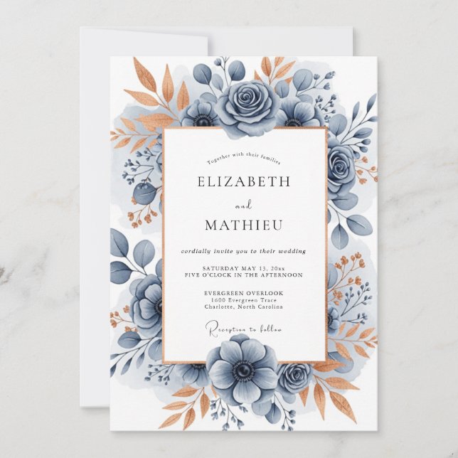 Invitation Slate Blue Sophisticated Botanical Wedding (Devant)