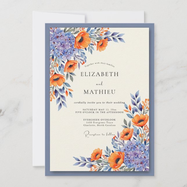 Invitation Slate Blue Vibrant Poppy Wedding (Devant)
