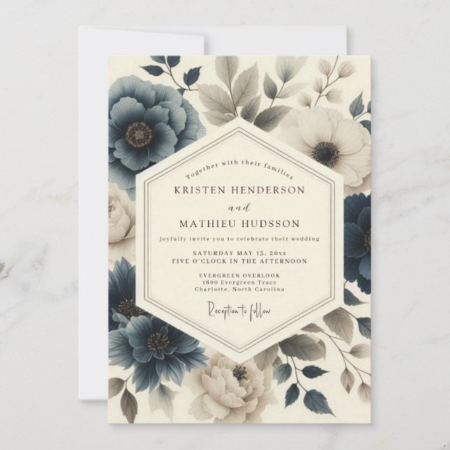 Invitation Slate Blue Vintage Flora Wedding (Devant)