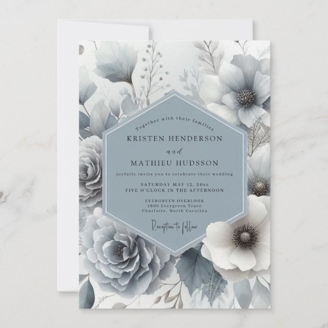 Invitation Slate Blue Whisper Bloom Wedding (Devant)
