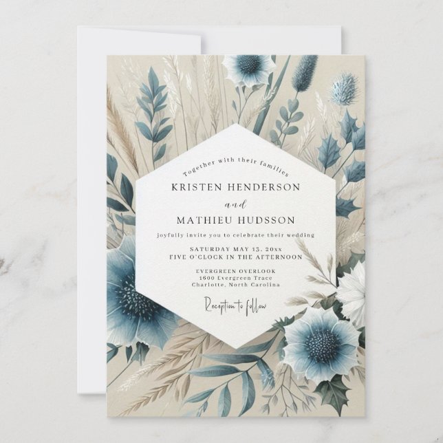 Invitation Slate Blue Whispering Bloom Wedding (Devant)