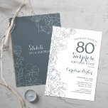 Invitation Slate Blue White Surprise 80e fête d'anniversaire<br><div class="desc">Bleu ardoise blanc Surprise Invitation de fête d'anniversaire 80e. Design moderne minimaliste avec accents botaniques et police de script de typographie. Carte invitation florale parfaite pour une célébration anniversaire surprise femme élégante. Peut être customisé à n'importe quel âge.</div>